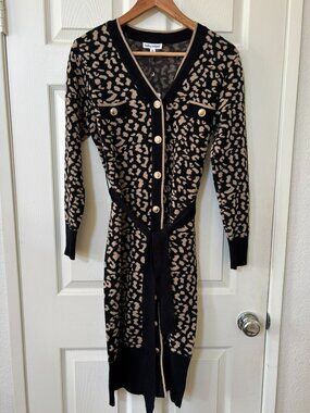 NWT Kathy Ireland Black and Tan Animal Print Midi Sweater Dress Medium